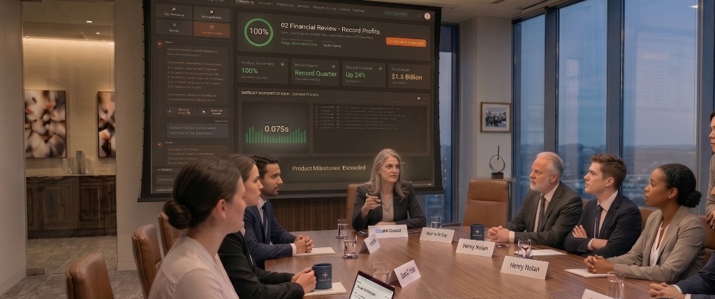 A governance review in progress, with a real-time CPQ dashboard on a wall display.
