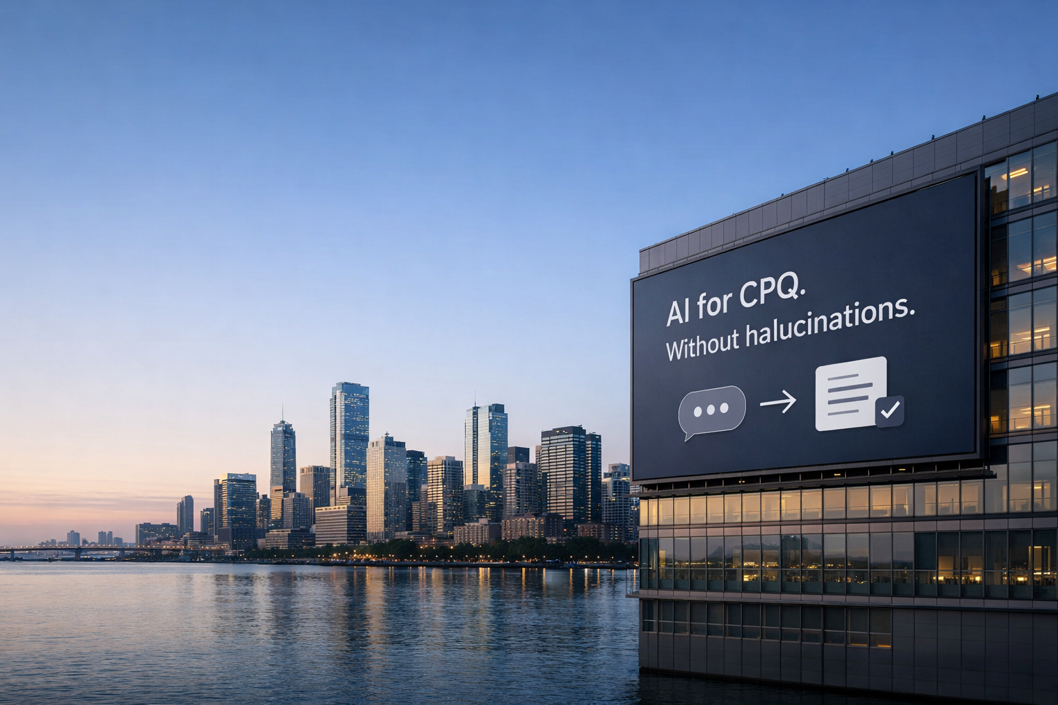 A skyline billboard reading: AI for CPQ. Without hallucinations.